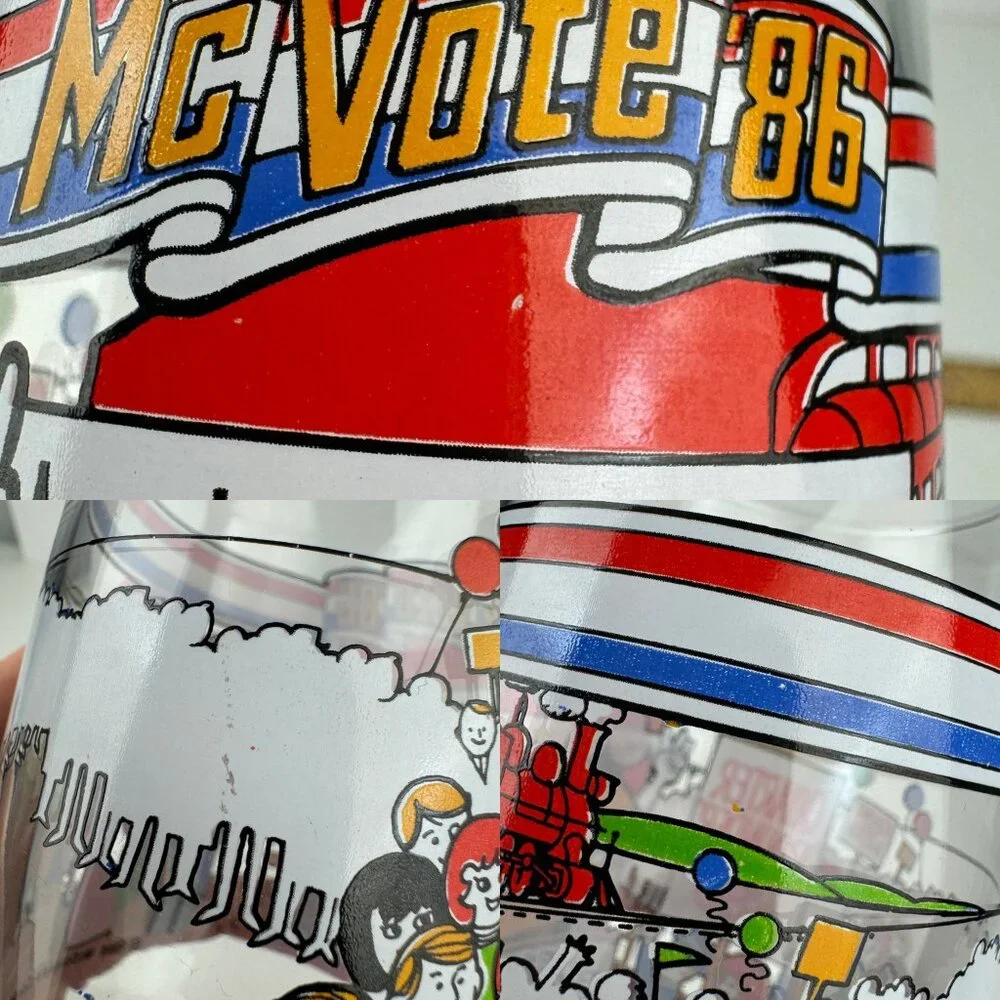 Vtg 1986 McDonalds Mc Vote Clear Drinking Glass‎ Thin Cheese Burger Collectible